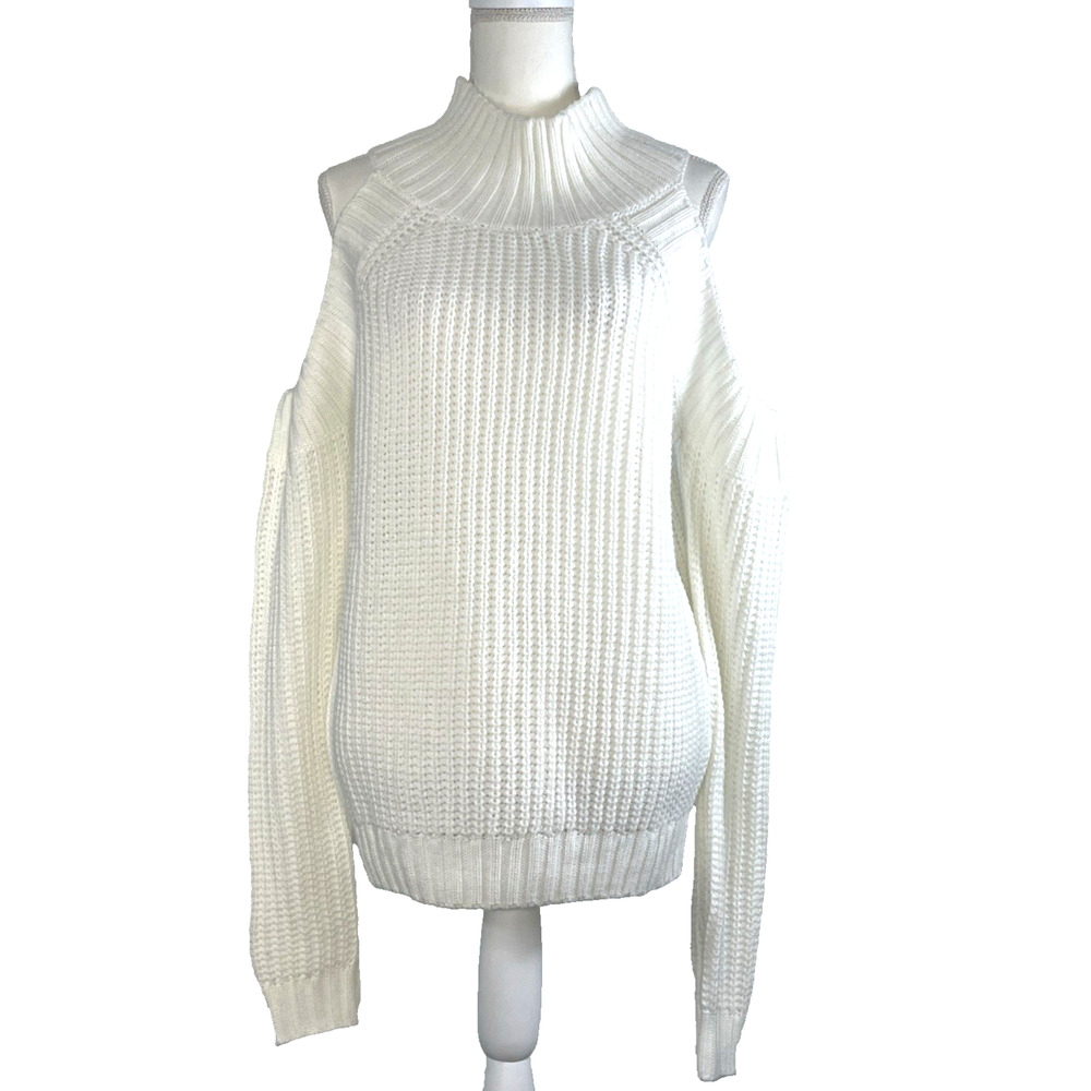 Cold Shoulder White Sweater Long Sleeve Pullover Sz L Fisherman Coquette Cozy